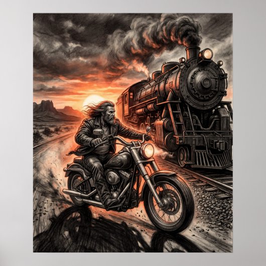 Poster Biker Races Steam Train Desert Sunset Charcoal Art (Devant)