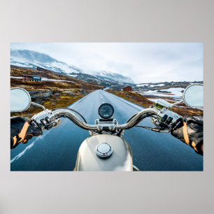 Poster Biker rides a motorcycle on a slippery road throug