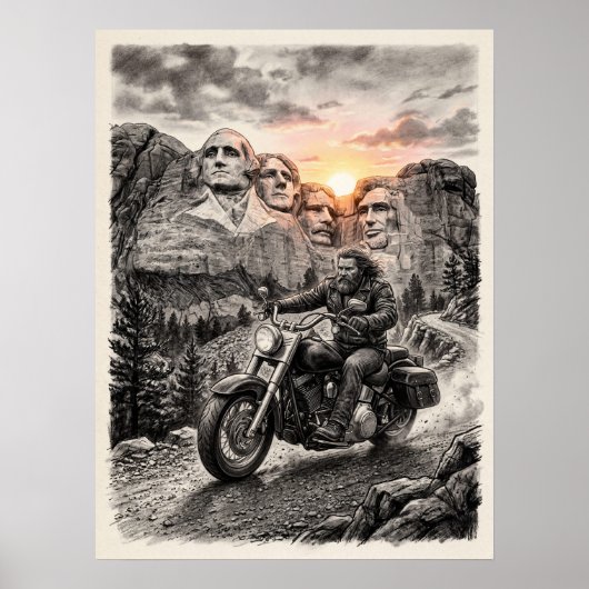 Poster Biker Rides Past Mount Rushmore Presidents Sunset (Devant)