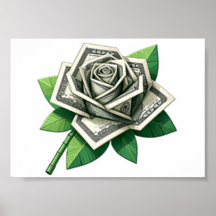 Poster billet de cent dollars origami art rose