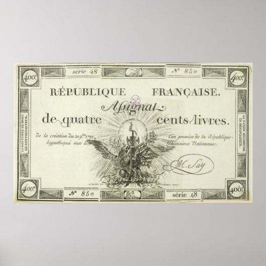 Poster Billet de quatre cent livres, 21 septembre 1792 (Devant)