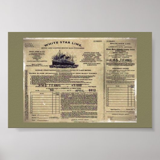 Poster Billet pour RMS Titanic 1912 (Devant)