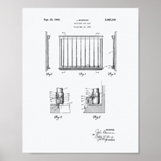 Poster Billiard Cue Lock 1949 Brevet Art - Livre blanc (Devant)