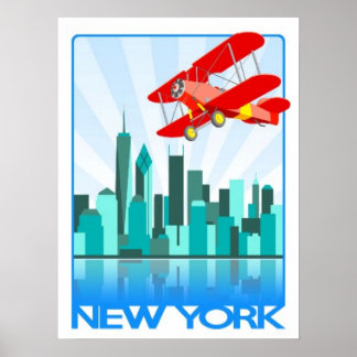 Poster Biplane rouge sur New York Retro Design