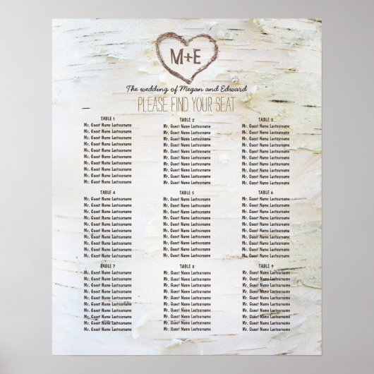 Poster Birch Bark Heart Rustic Mariage Sein Chart (Devant)