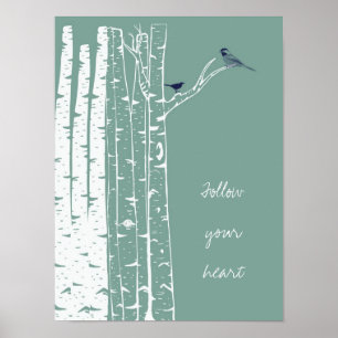 Poster Birch Trees Bird Sage