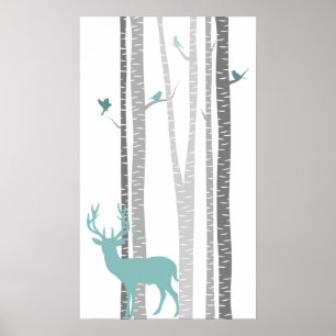 Poster Birch Trees with Deer