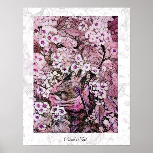 Poster BIRD NEST, blanc rouge rose violet (Devant)