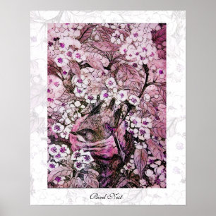 Poster BIRD NEST, blanc rouge rose violet