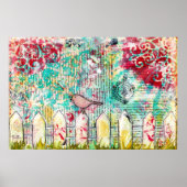 Poster Bird on White Picket Fence Médias mixtes Imprimer (Devant)