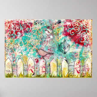 Poster Bird on White Picket Fence Médias mixtes Imprimer