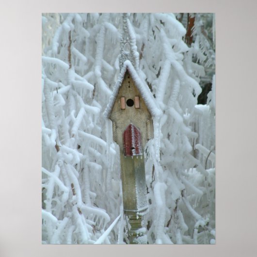 Poster Birdhouse dans un arbre incrusté de glace (Devant)