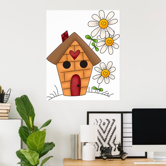 Poster Birdhouse Et Fleurs
