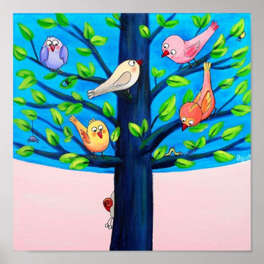Poster Birdy Tree | Oiseaux Joyeux Sur Une Pépinière D'Ar (Devant)