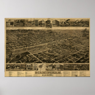 Poster Birmingham Alabama 1885 Carte panoramique antique