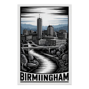 Poster Birmingham Alabama Skyline Noir et Blanc Gravure s