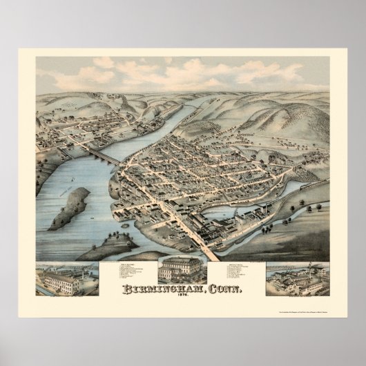 Poster Birmingham, CT Carte panoramique - 1876 (Devant)