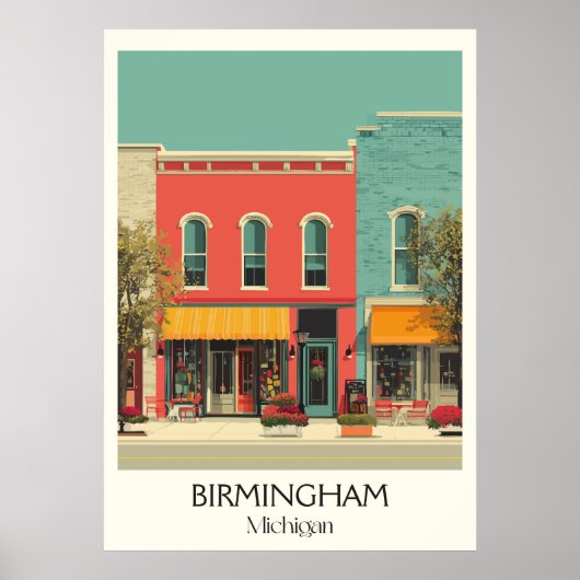 Poster Birmingham Michigan Vintage Downtown City Art (Devant)