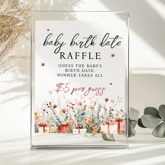 Poster Birth Date Raffle Merry Baby Shower Game sign