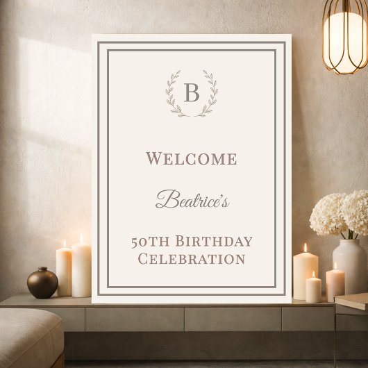 Poster Birthday ivory taupe monogrammed elegant welcome