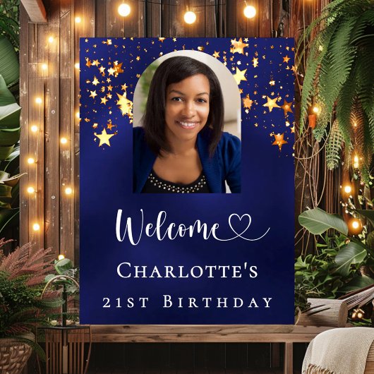 Poster Birthday navy blue gold stars arch photo welcome