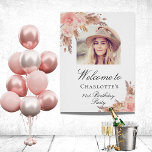 Poster Birthday pampas grass blush rose gold arch photo<br><div class="desc">A welcome poster for an elegant and modern birthday party. White background,  decorated with boho style pampas grass and rose gold and blush pink florals.  Personalize and add a photo inside the arch frame,  name and age.</div>