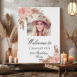 Poster Birthday pampas grass blush rose gold arch photo<br><div class="desc">A welcome poster for an elegant and modern birthday party. White background,  decorated with boho style pampas grass and rose gold and blush pink florals.  Personalize and add a photo inside the arch frame,  name and age.</div>