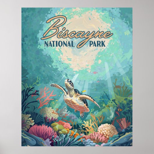 Poster Biscayne National Park Floride Turtle Coral Retro (Devant)