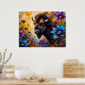 Poster Bison américain dans un portrait de fleur texturée (Cuisine)