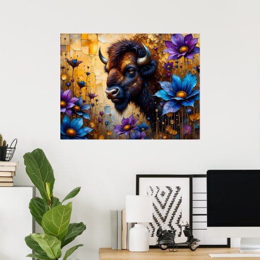Poster Bison américain dans un portrait de fleur texturée (Bureau à domicile)