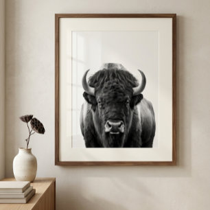 Poster Bison Buffalo moderne Portrait noir blanc