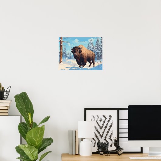 Poster Bison dans la forêt de neige - Carte postale Ai (Bureau à domicile)