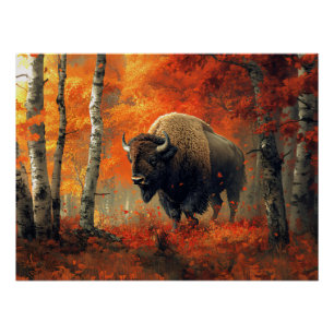 Poster Bison dans l'artisanat boisé d'automne