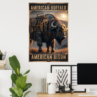 Poster Bison de Steampunk en pleine nature