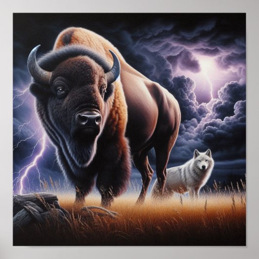 Poster Bison et loup dans un orage avec éclair (Devant)