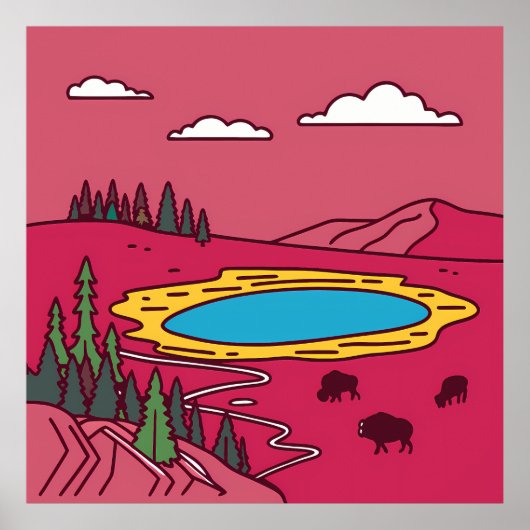 Poster Bison Graze by Geothermal Pool in Yellowstone (Devant)