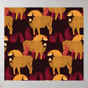 Poster Bison Haute herbe : Motif de terrain.