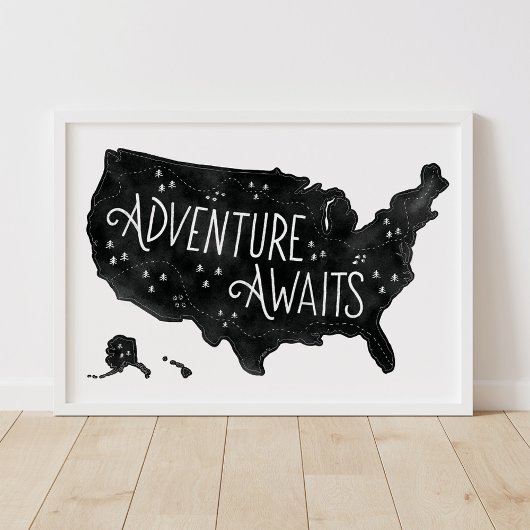 Poster Black Adventure Attend US Map Kids Room Decor