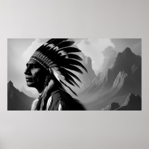 Poster Black and White American Indian Man Monochrome