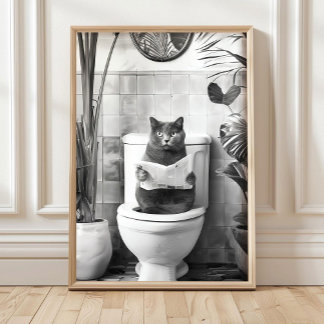 Poster Black and White Bathroom Cat Print, Funny Posters,