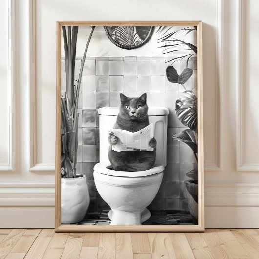 Poster Black and White Bathroom Cat Print, Funny Posters,