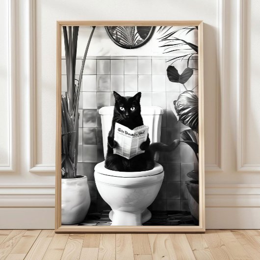 Poster Black and White Bathroom Cat Print, Funny Posters,