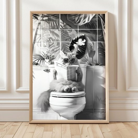 Poster Black and White Bathroom Cat Print, Funny Posters,