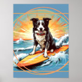 Poster Black and White Border Collie Surfing (Devant)