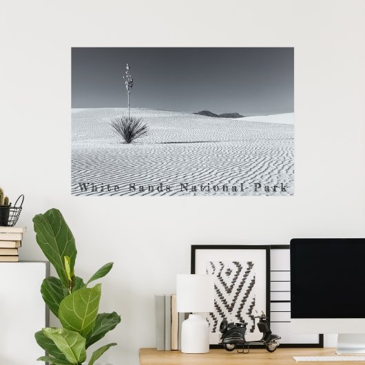 Poster Black and White Desert Sand Dunes with Yucca (Bureau à domicile)