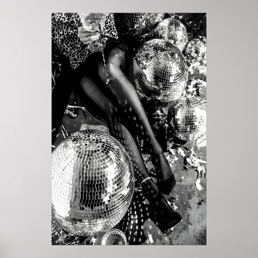 Poster Black and White Disco Ball Print, Cocktail (Devant)