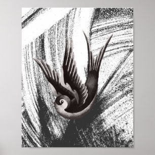 Poster Black and white, doodle drawing of a bird