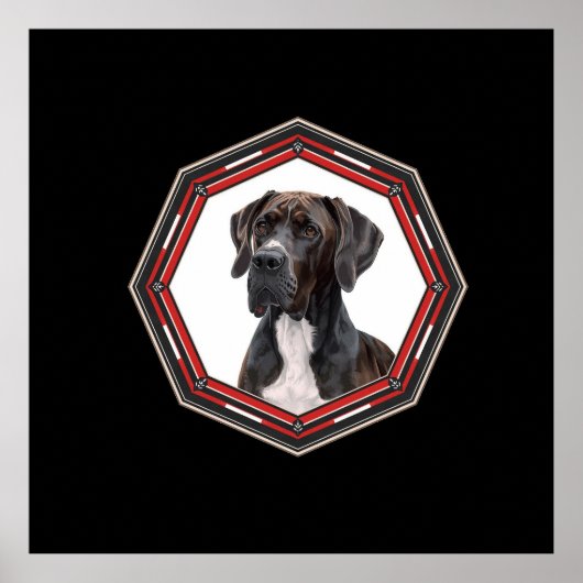 Poster Black And White Great Dane In A Red Frame (Devant)