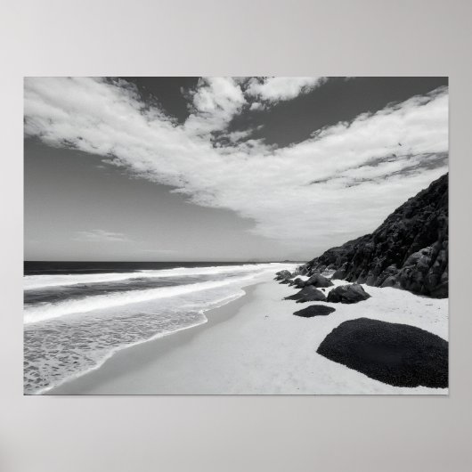 Poster Black And White Rocky Ocean Waves Seascape (Devant)
