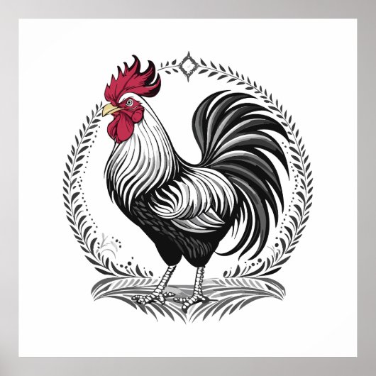Poster Black and white rooster (Devant)